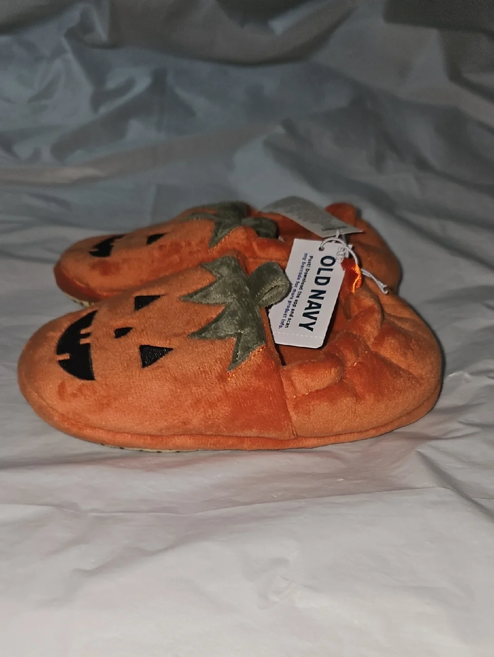 Old Navy Kid Medium 9/10 Orange PumpkinJack O'Lantern Plush Slip-On Slippers New